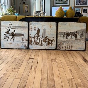 Retro surfer theme sepia toned prints with gold/ blue accents on canvas